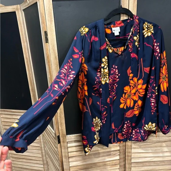 STYLUS Navy Floral Tie-Neck Blouse with Orange & Pink Blooms - Picture 5 of 5